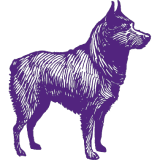 A purple and white dog, reminiscent of the Westminster Kennel Club, stands out against a white background.