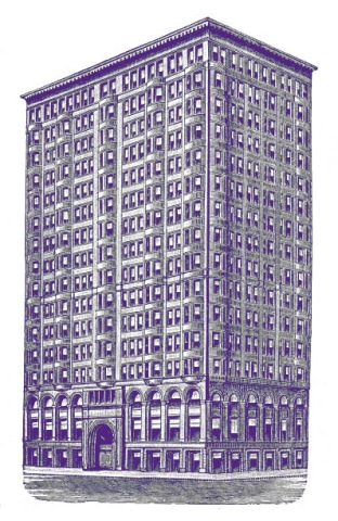A drawing of a large purple building near the Westminster Kennel Club.