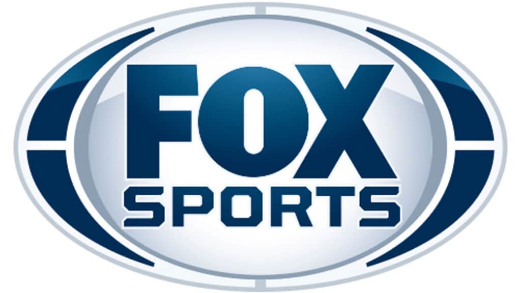 Logo of Fox Sports featuring bold, capital letters in blue with a silver and white oval background displaying the viewing schedule.