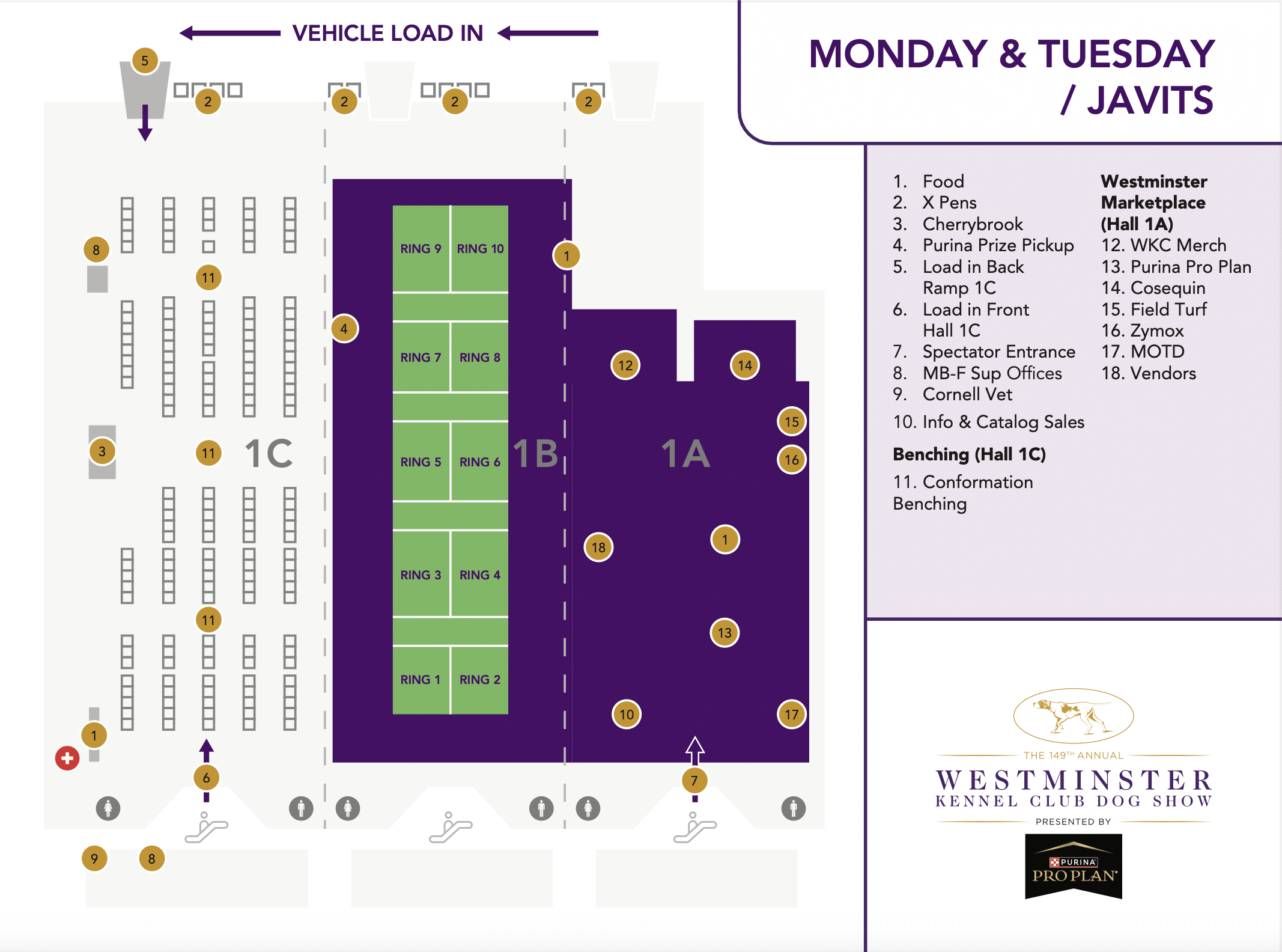 Diagram of the Westminster dog show venue layout, showcasing rings and vendor areas in Hall 1C and 1A. Key includes details on food, seating, and marketplace options.