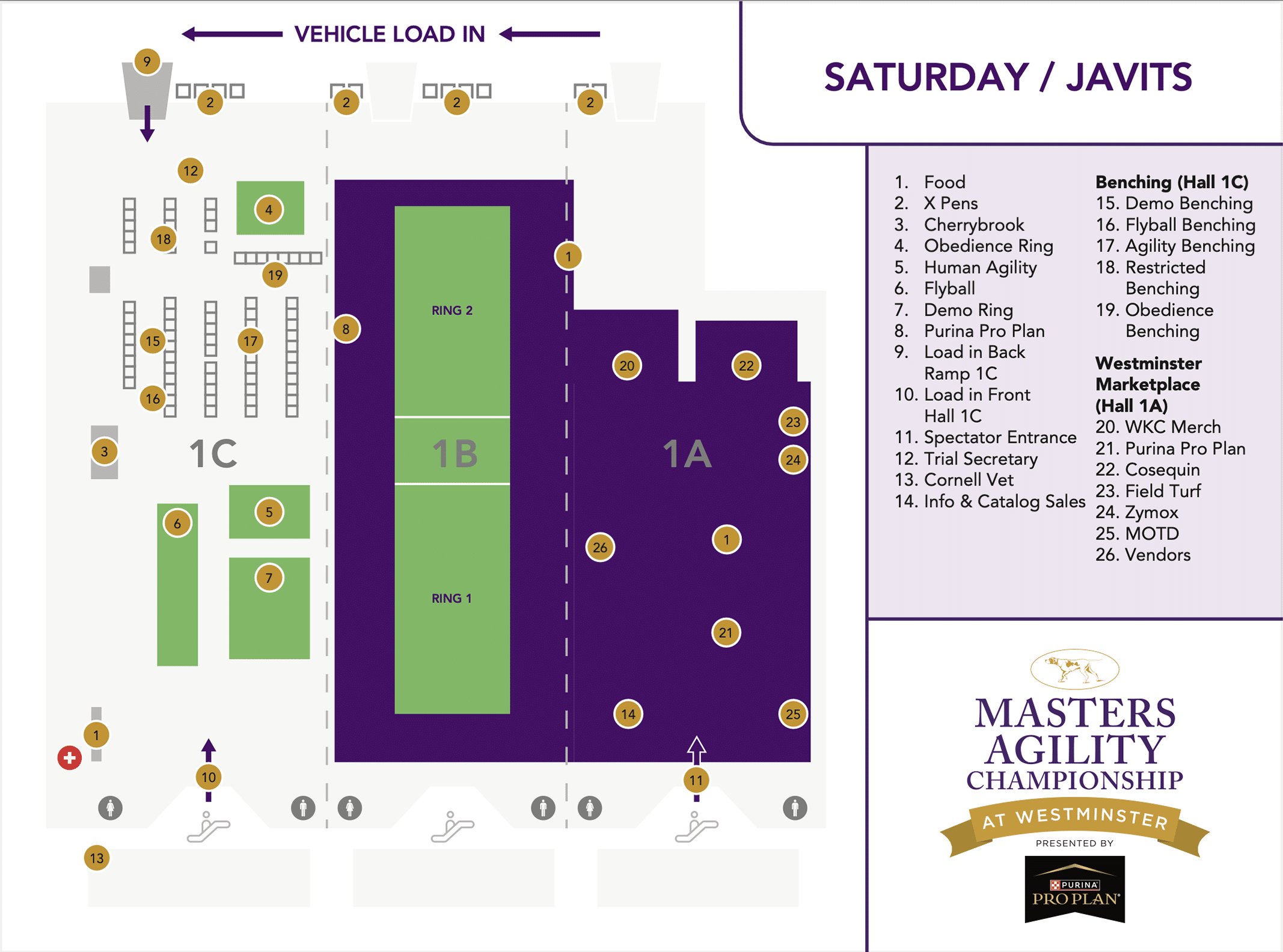 Venue floor plan for the Masters Agility Championship at Westminster, showcasing benching areas, agility rings, a marketplace, and a vehicle load-in area.