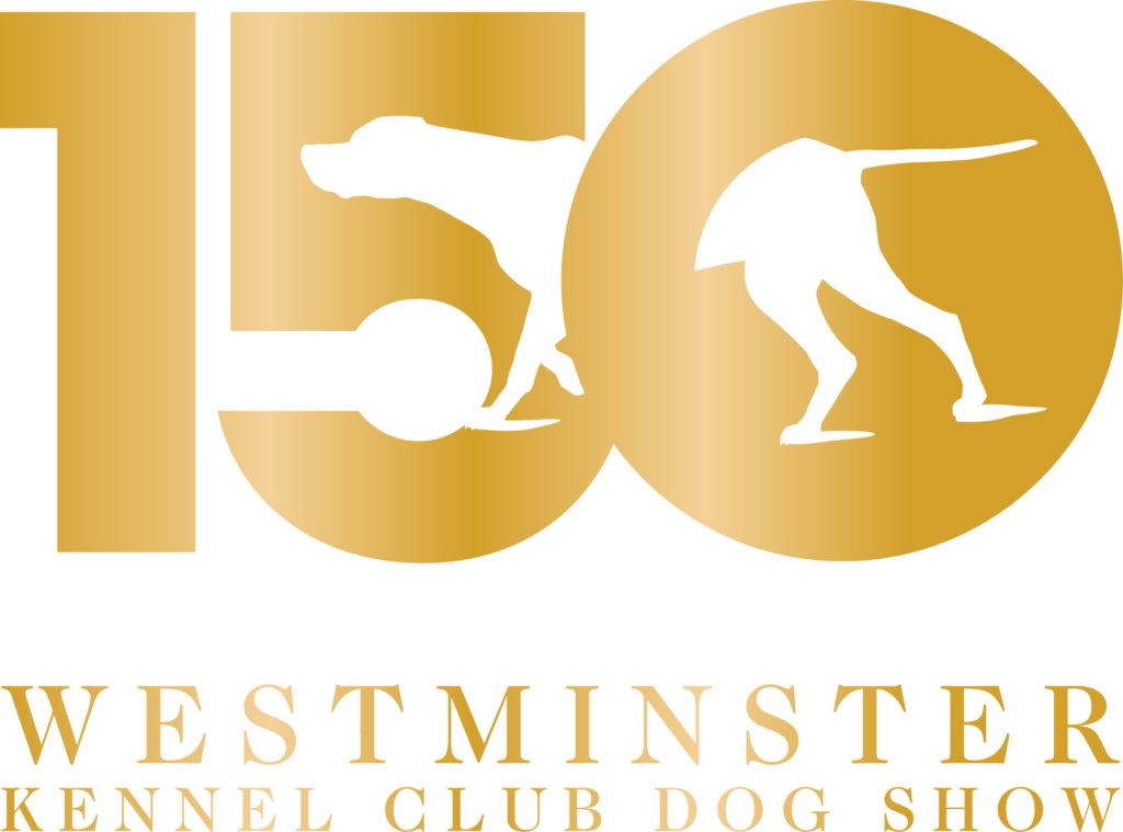 Gold logo with silhouettes of two dogs forming the number 150, above the words "WESTMINSTER KENNEL CLUB DOG SHOW" in gold capital letters.