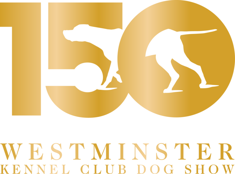 Gold logo with a silhouette of a dog forming the number 150, above the words "WESTMINSTER KENNEL CLUB DOG SHOW" in gold capital letters.