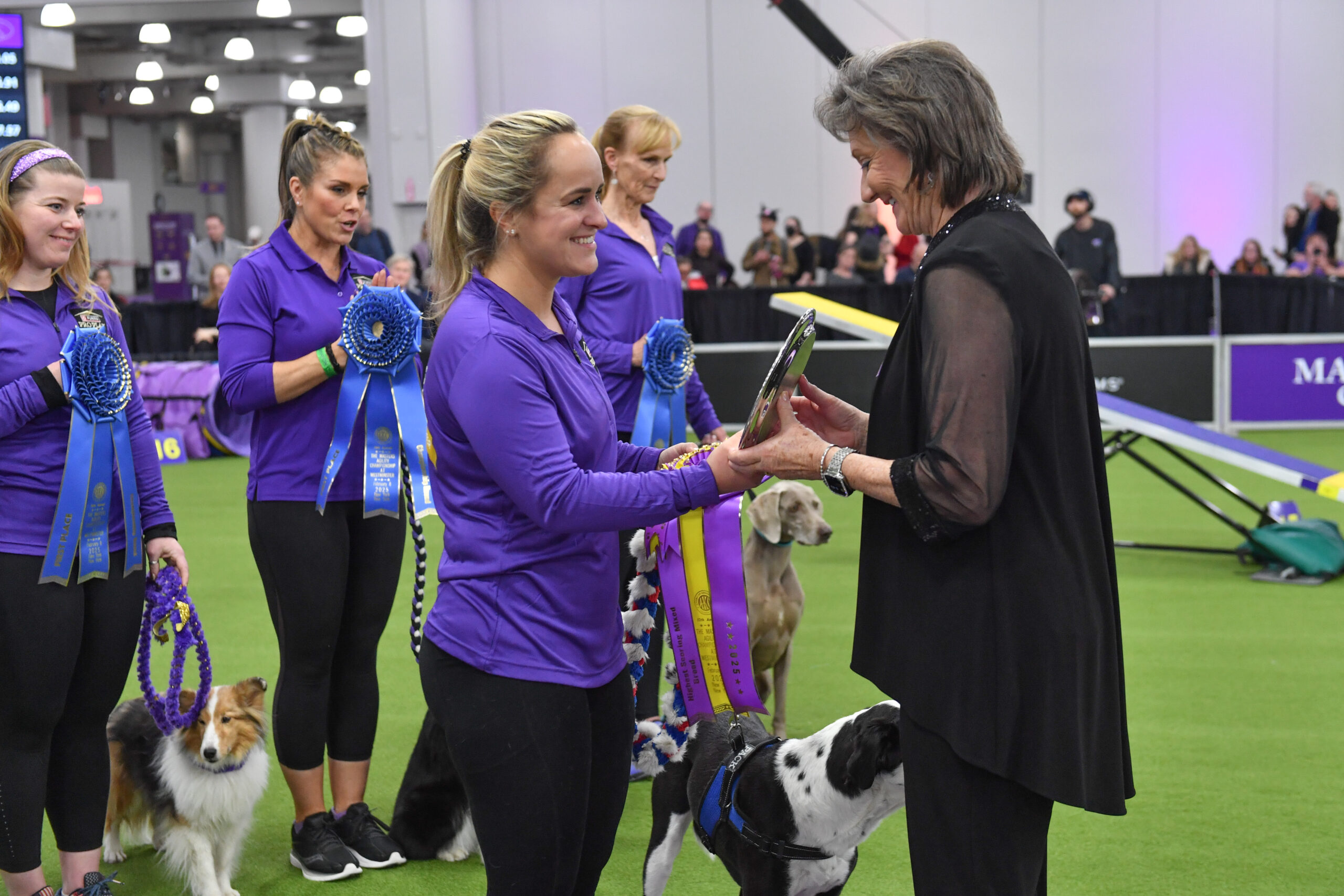 Meet Dr. Sara Lyle: The Westminster Kennel Club’s 2025 Veterinarian of the Year, as she receives a plaque from another woman at a dog show, with participants holding blue ribbons and dogs in the background on the green turf.