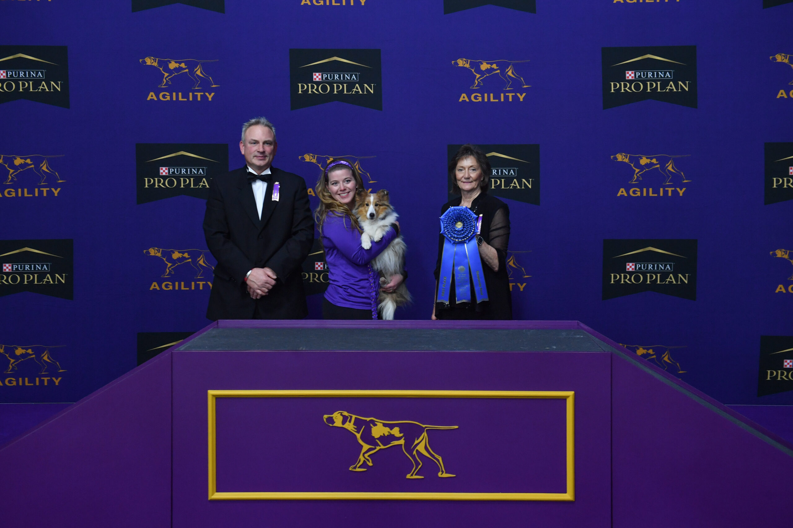 Three people and a dog pose in front of a Purina Pro Plan Agility backdrop; one person holds a blue ribbon award, celebrating an agility competition. Meet Dr. Sara Lyle: The Westminster Kennel Club’s 2025 Veterinarian of the Year.