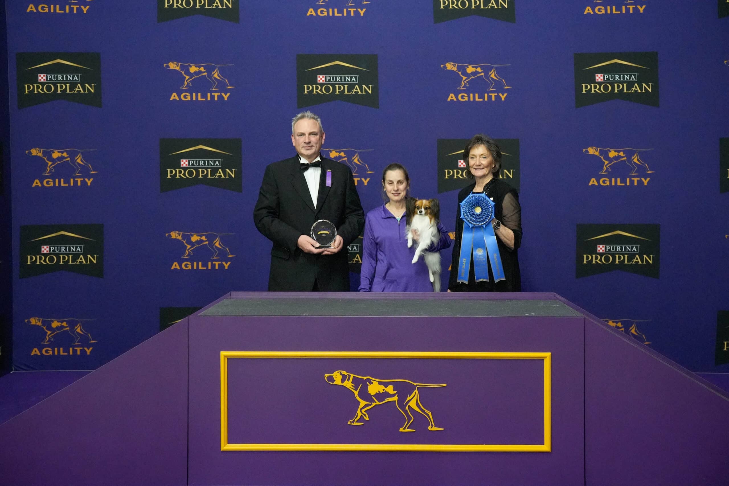 Meet Dr. Sara Lyle: The Westminster Kennel Club’s 2025 Veterinarian of the Year, as three people and a dog stand on stage with awards before a Purina Pro Plan Agility backdrop—celebrating their achievements in style.