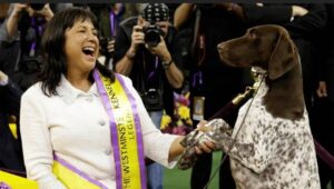 A woman wearing a sash smiles and shakes paws with a brown and white dog at a dog show, celebrating history and traditions as photographers capture the moment in the background.