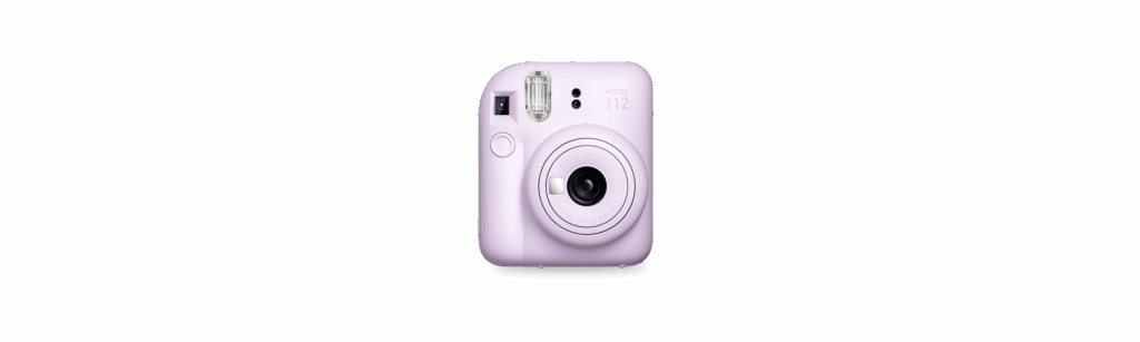 A lavender instant camera facing forward against a plain white background.