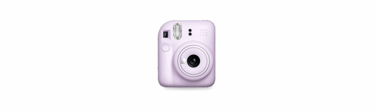 A lavender instant camera facing forward against a plain white background.