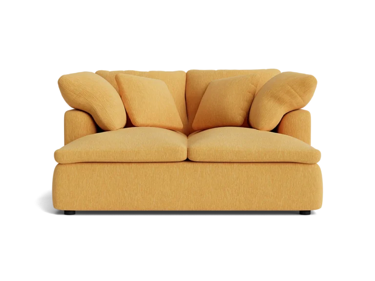A yellow upholstered loveseat with four matching cushions, viewed from the front against a black background.