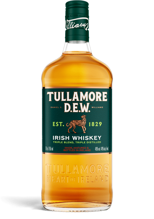 A bottle of Tullamore D.E.W. Irish Whiskey with green label, gold lettering, and a green cap, containing amber liquid.