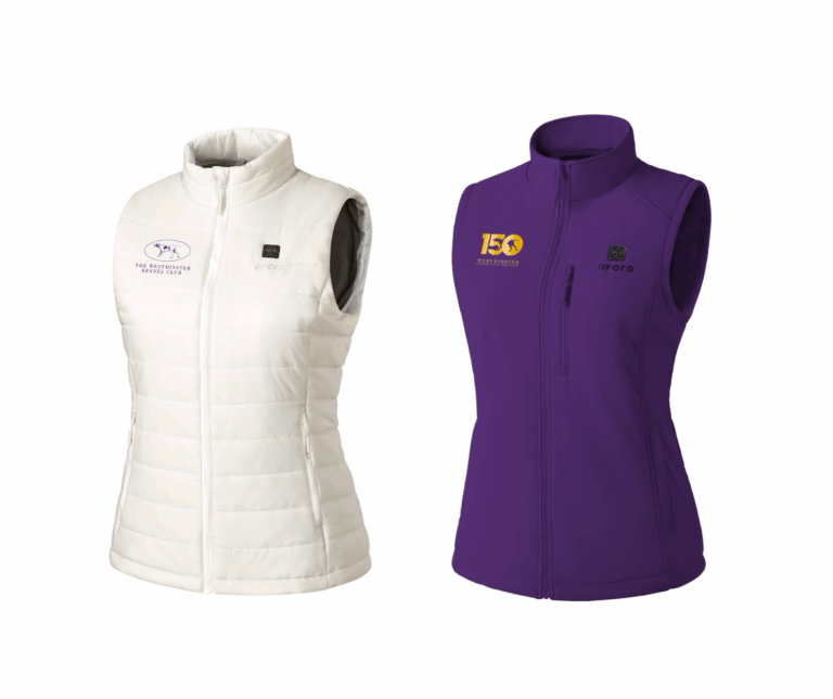 Two sleeveless women's vests displayed side by side: one white with a logo on the left chest, and one purple with two logos on the left and right chest areas.
