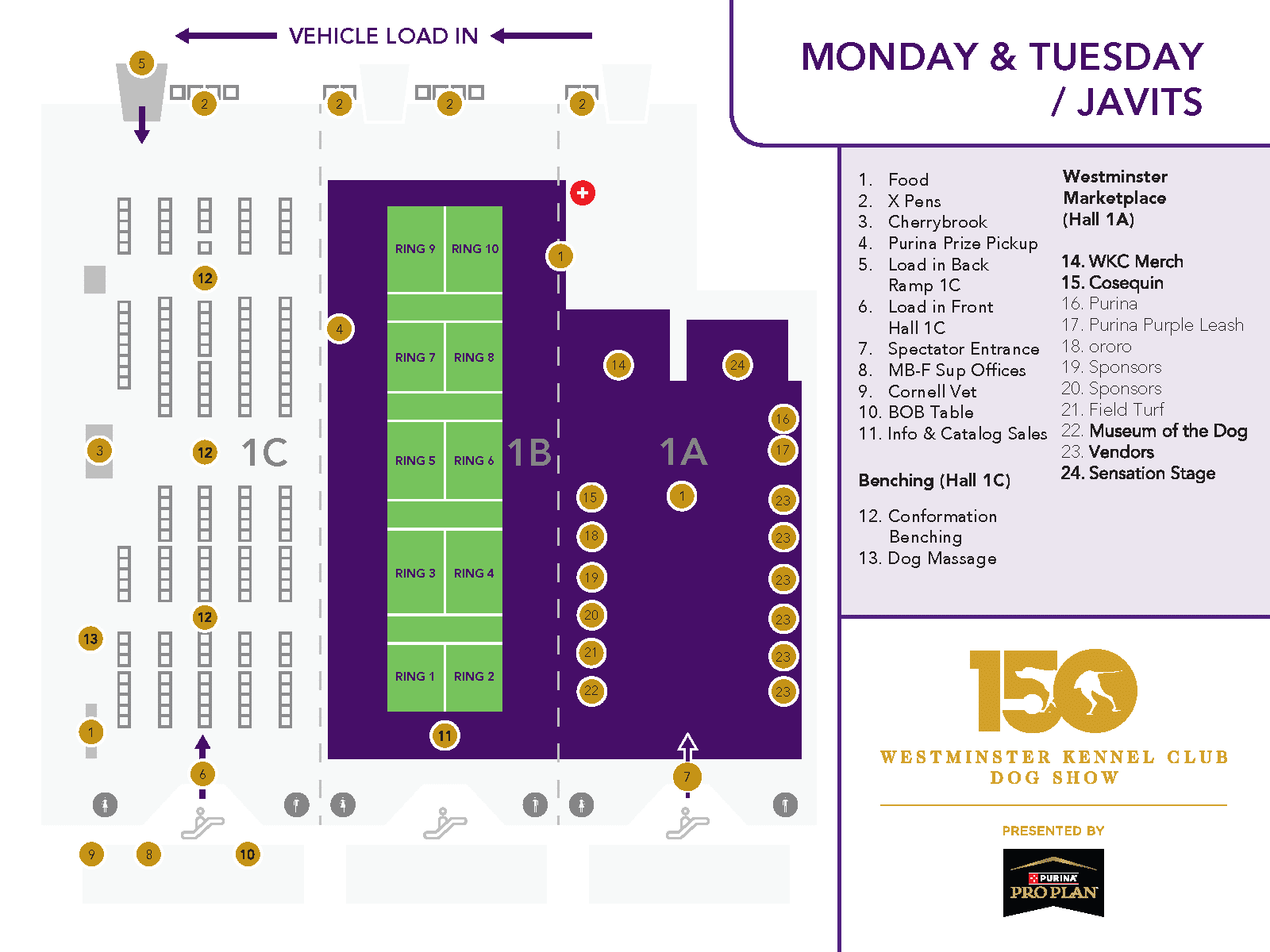 Floor plan for Monday and Tuesday at Westminster Kennel Club Dog Show, highlighting venue details such as rings, benching, vendor locations, and key areas in Halls 1A and 1C at Javits Center.