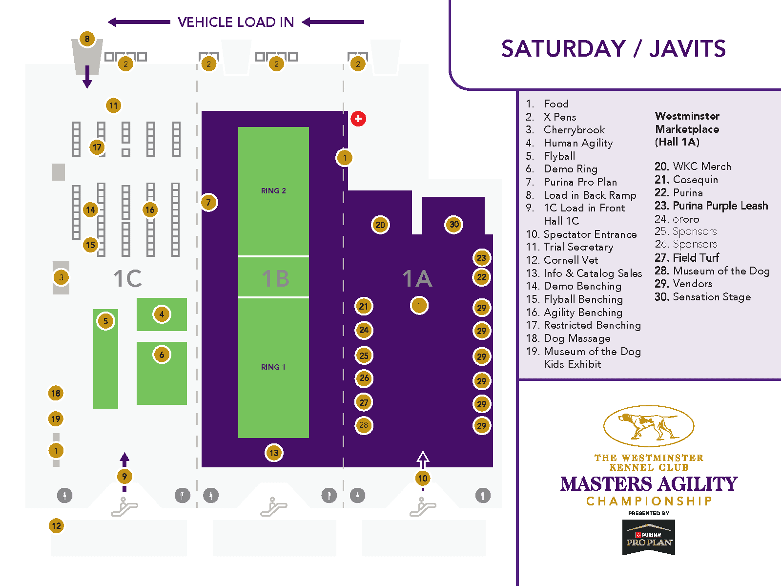 Map of the Westminster Kennel Club Masters Agility Championship event layout at the Javits venue, showing booth locations, activity areas, and labeled sections 1A, 1B, and 1C for Saturday.