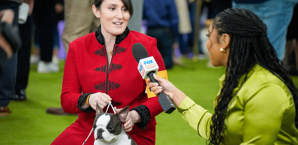 A woman in a red coat, one of the exhibitors, holds a Boston Terrier while being interviewed by a FOX reporter in a green outfit at an indoor event.