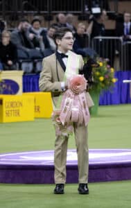 A handler in a tan suit holds a small black dog and a large "First Prize" ribbon at a dog show, standing on green turf with spectators and signage in the background.