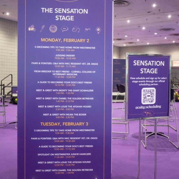 A purple schedule sign for "The Sensation Stage" lists February 2-3 events at a dog show venue; a smaller sign to the right mentions scheduling via QR code.