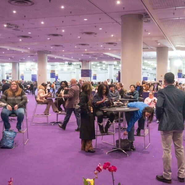 People sit and stand around high tables in a large indoor event space with purple carpet, engaged in conversation and activities.