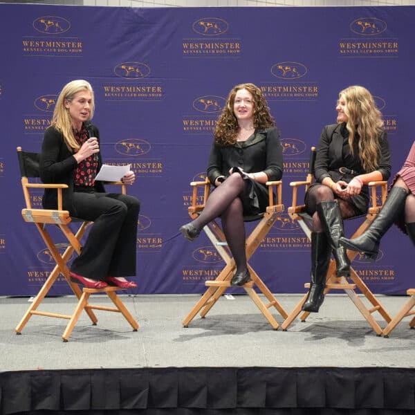 Four women sit on director's chairs on a stage with a Westminster Kennel Club Dog Show backdrop, one woman holding a microphone and talking to the others.