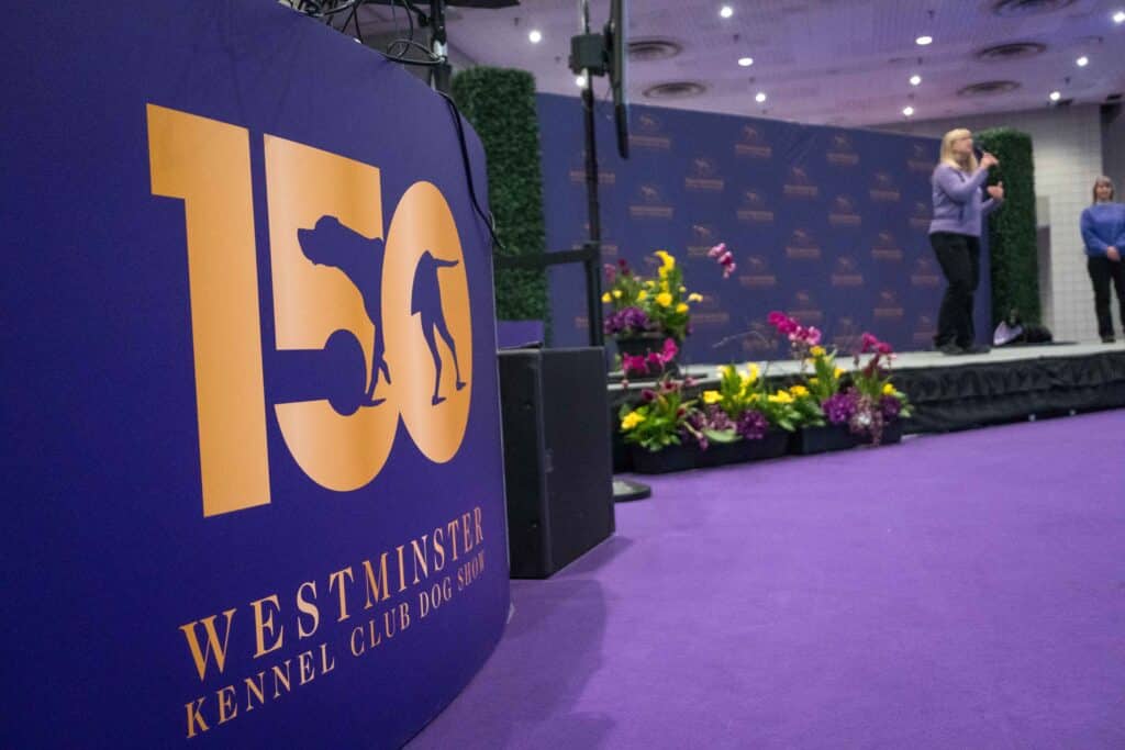 A large sign for the 150th Westminster Kennel Club Dog Show stands in front of a purple stage with people and flowers in the background.