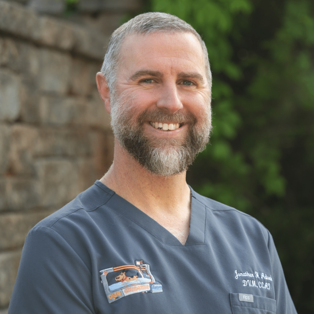 A man with short hair and a beard, wearing gray medical scrubs, stands outdoors in front of a stone wall and greenery, smiling at the camera—celebrating his honor as Veterinarian of the Year.